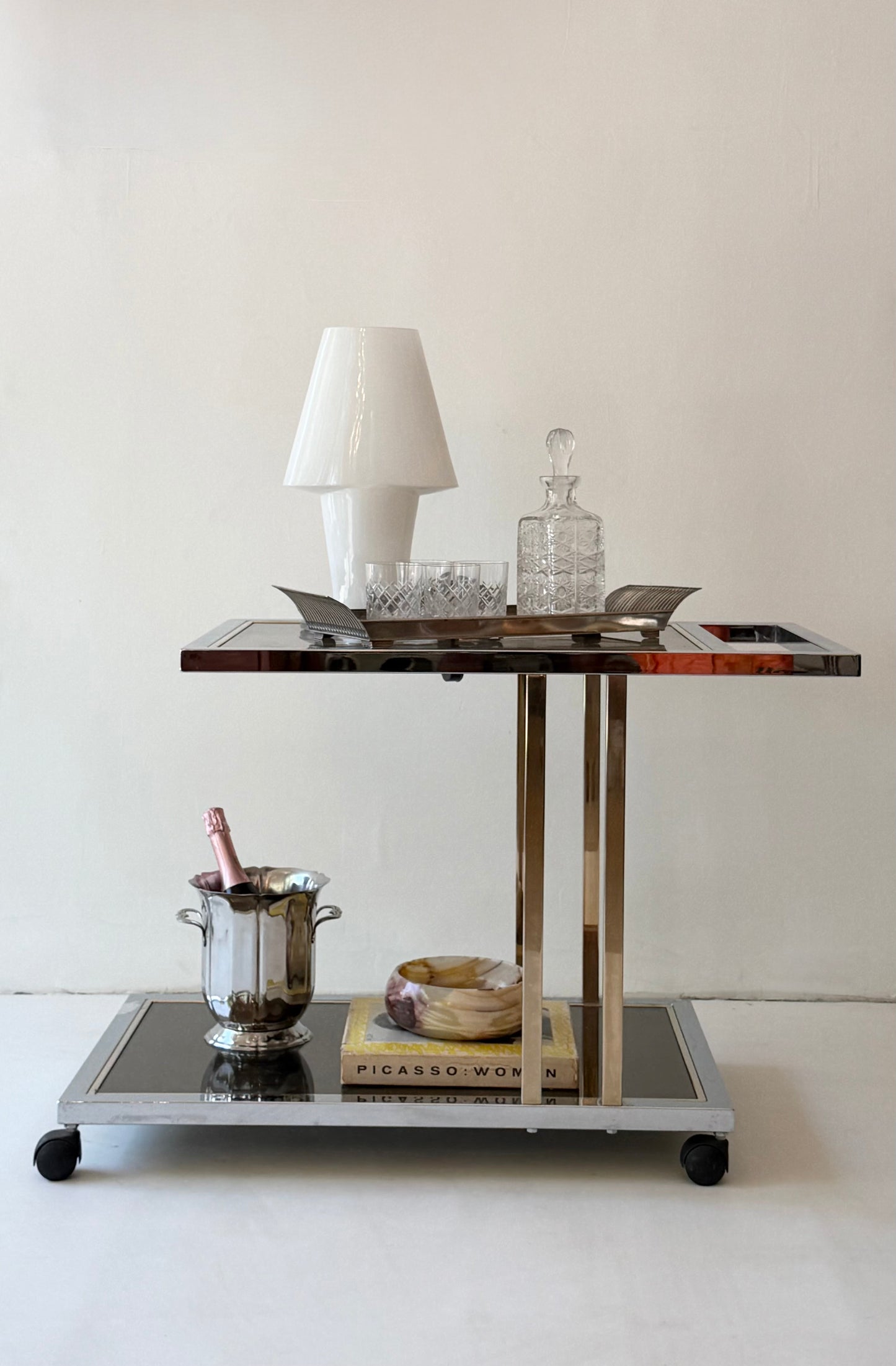 Romeo Rega Chrome & Brass Bar Cart, Italy, 1970s