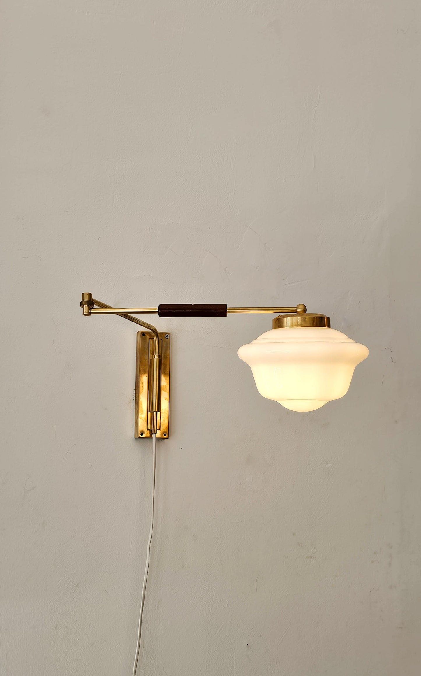 Mid-Century Brass & Teak Swing Arm Wall Lamp