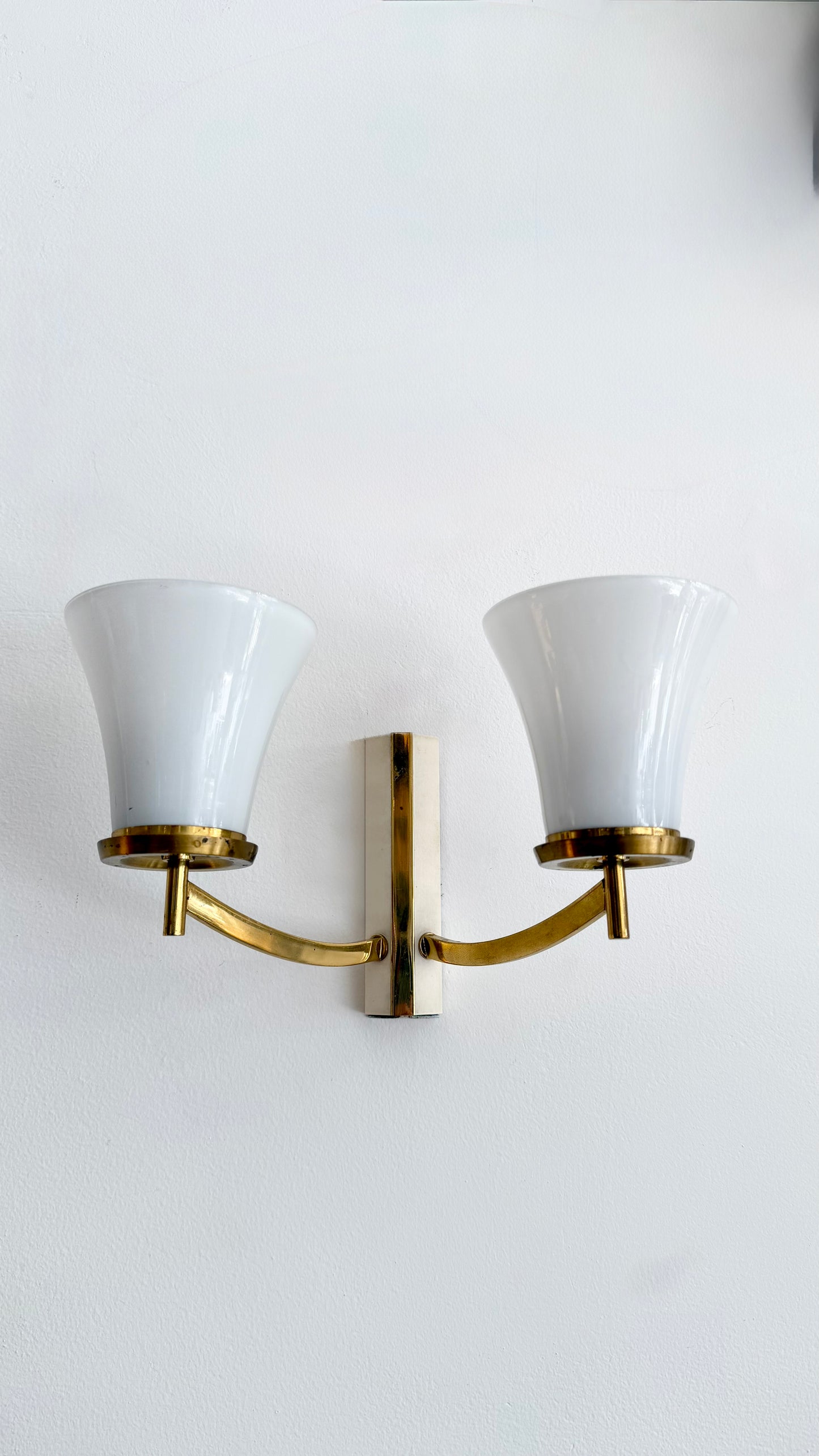 Kaiser Leuchten Double-Arm Brass & Opaline Glass Wall Sconce, Germany, 1960s