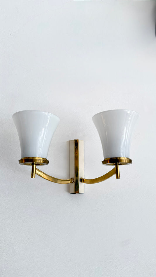 Kaiser Leuchten Double-Arm Brass & Opaline Glass Wall Sconce, Germany, 1960s