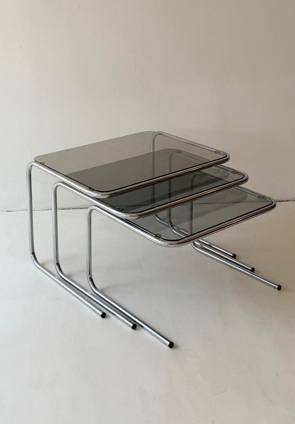 Italian Nesting Tables in Chrome and Smoked Glass, 1970s