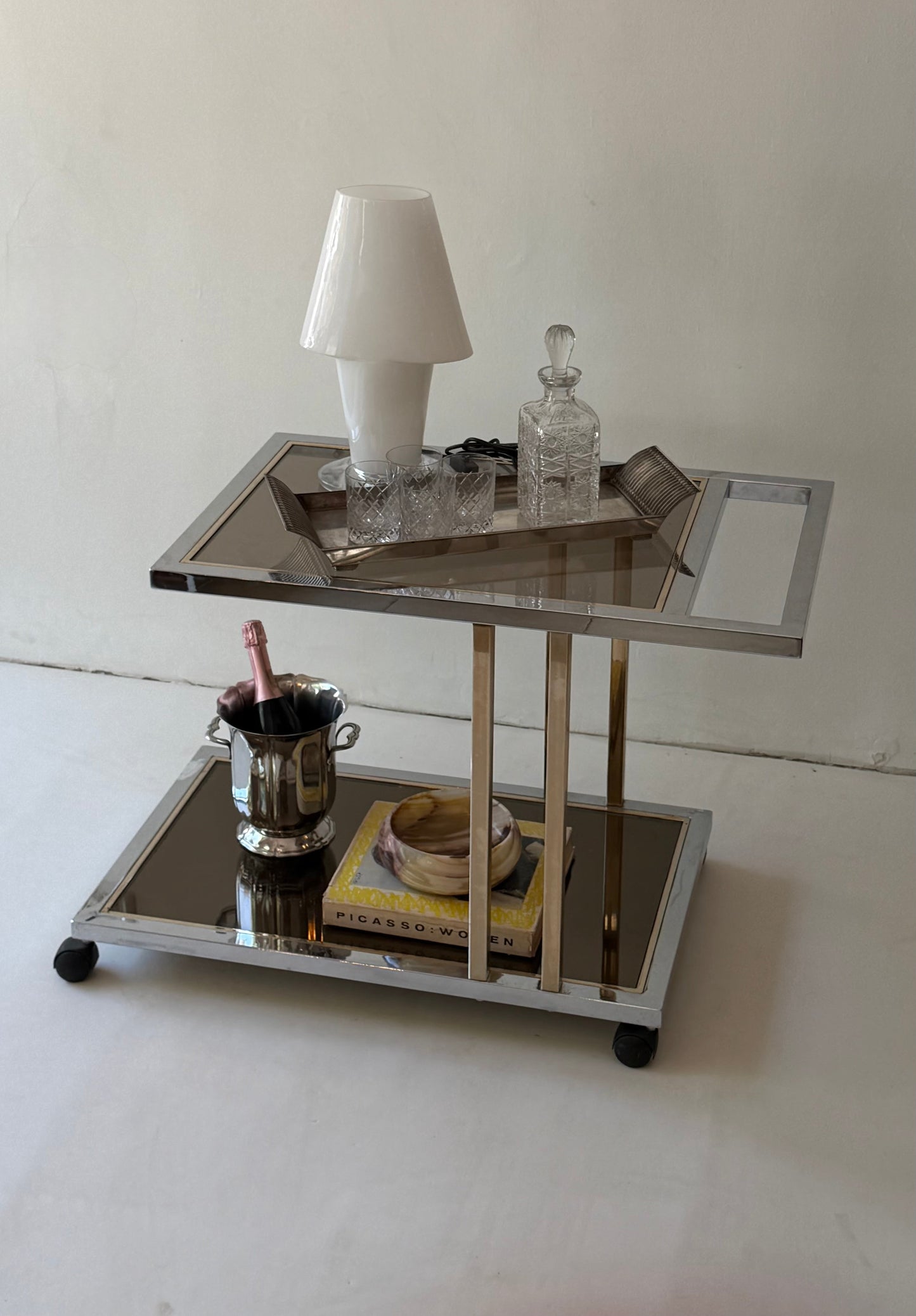 Romeo Rega Chrome & Brass Bar Cart, Italy, 1970s