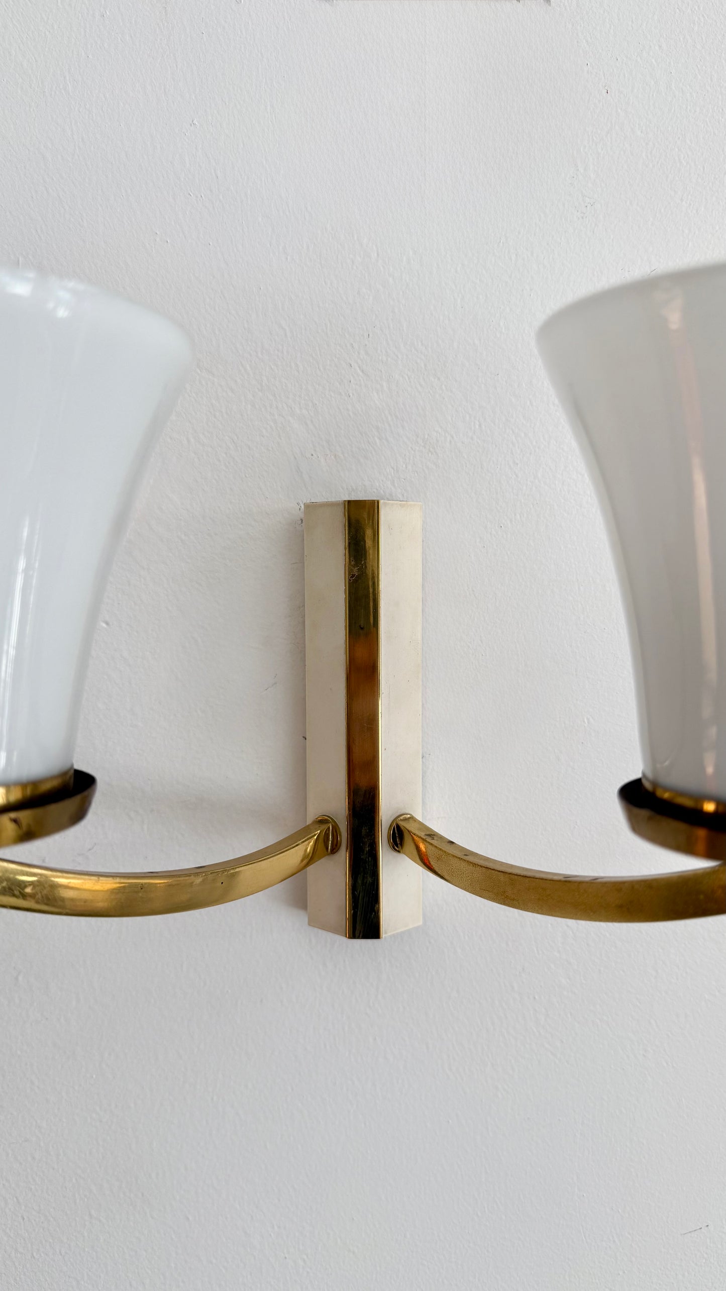 Kaiser Leuchten Double-Arm Brass & Opaline Glass Wall Sconce, Germany, 1960s