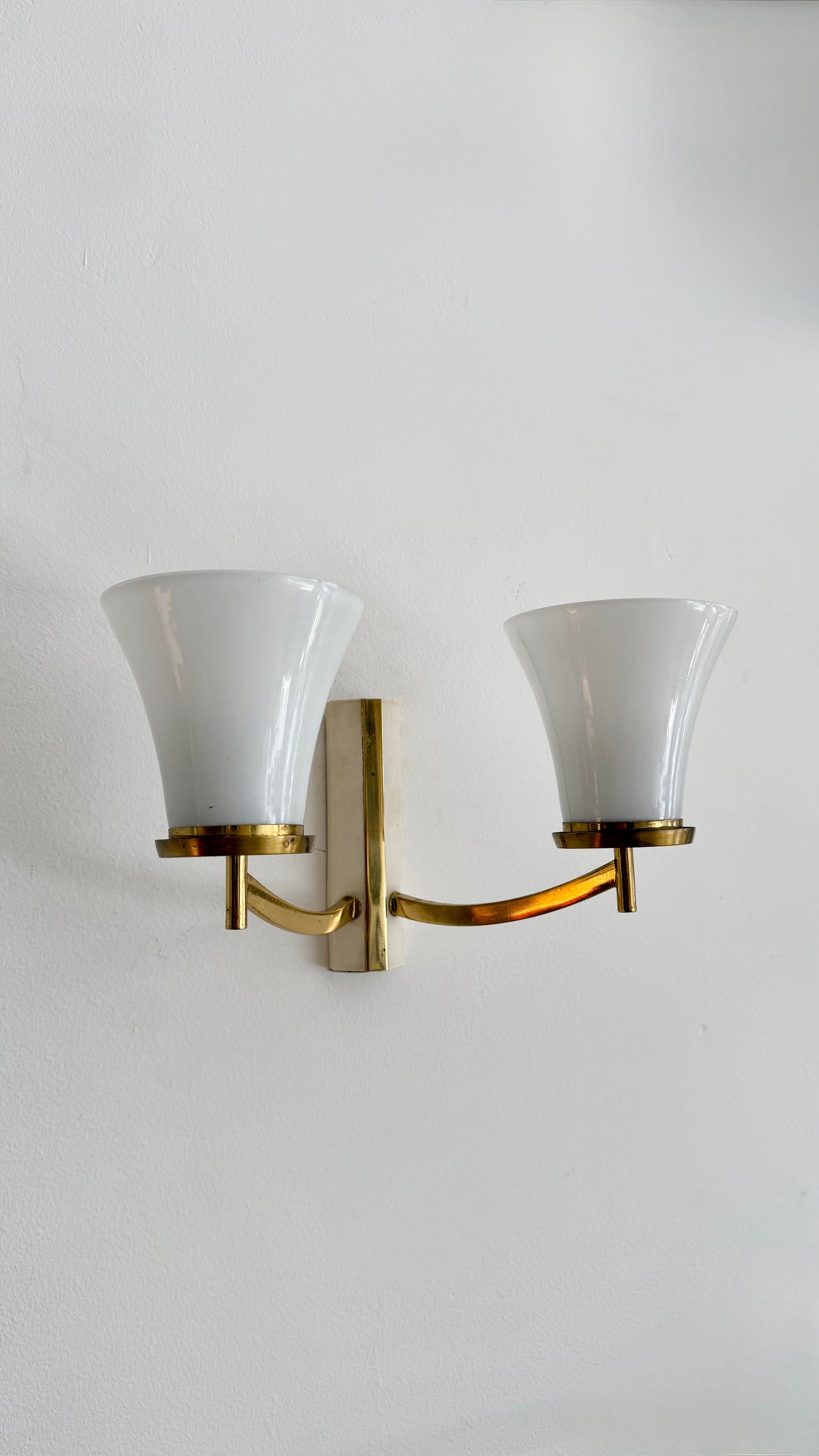 Kaiser Leuchten Double-Arm Brass & Opaline Glass Wall Sconce, Germany, 1960s