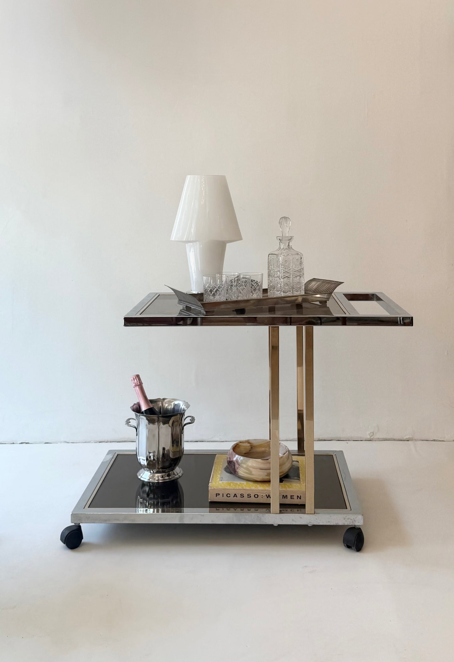 Romeo Rega Chrome & Brass Bar Cart, Italy, 1970s