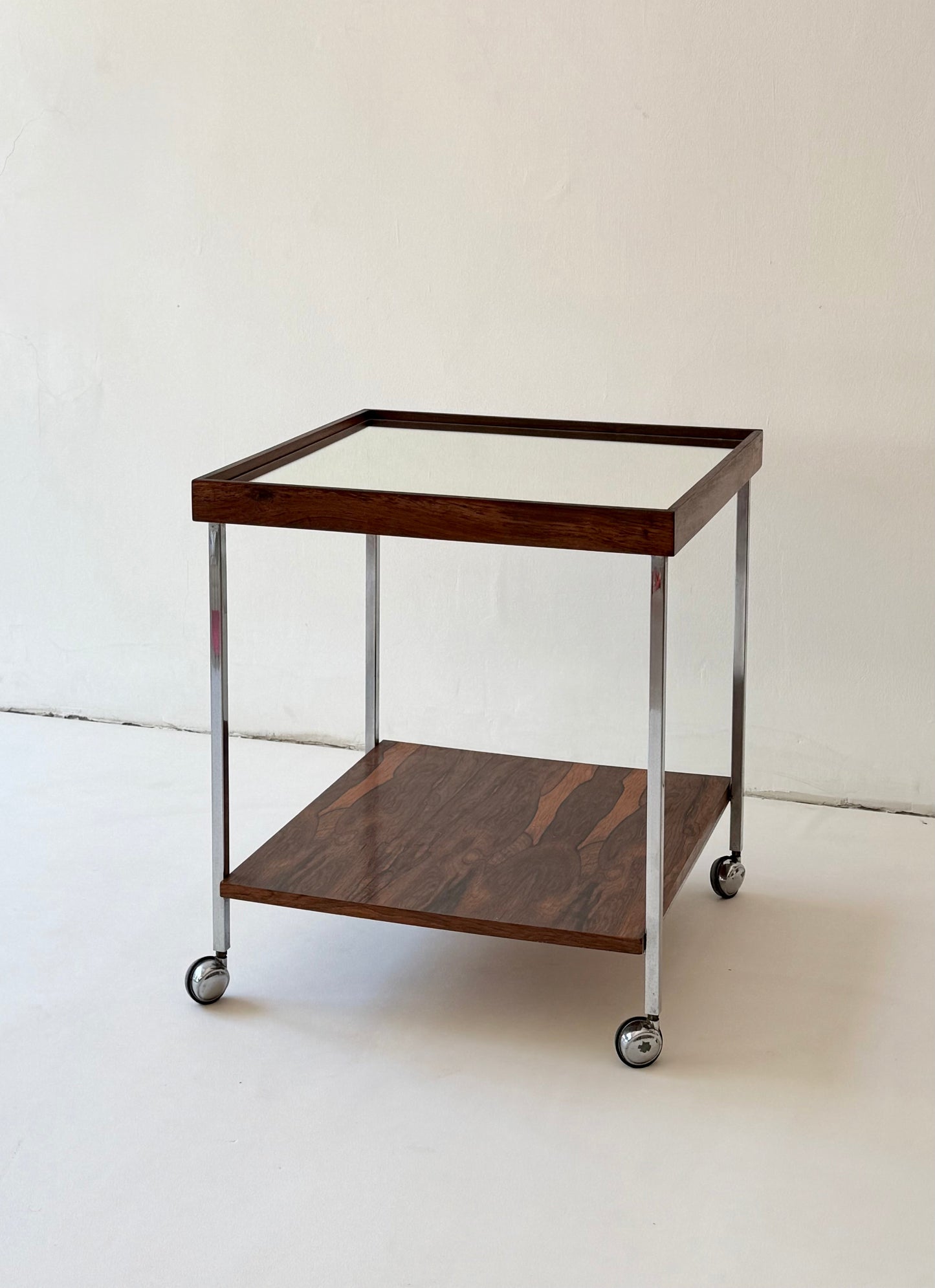 Dutch Rosewood & Chrome Bar Cart / Side Table with Mirrored Top, 1960s