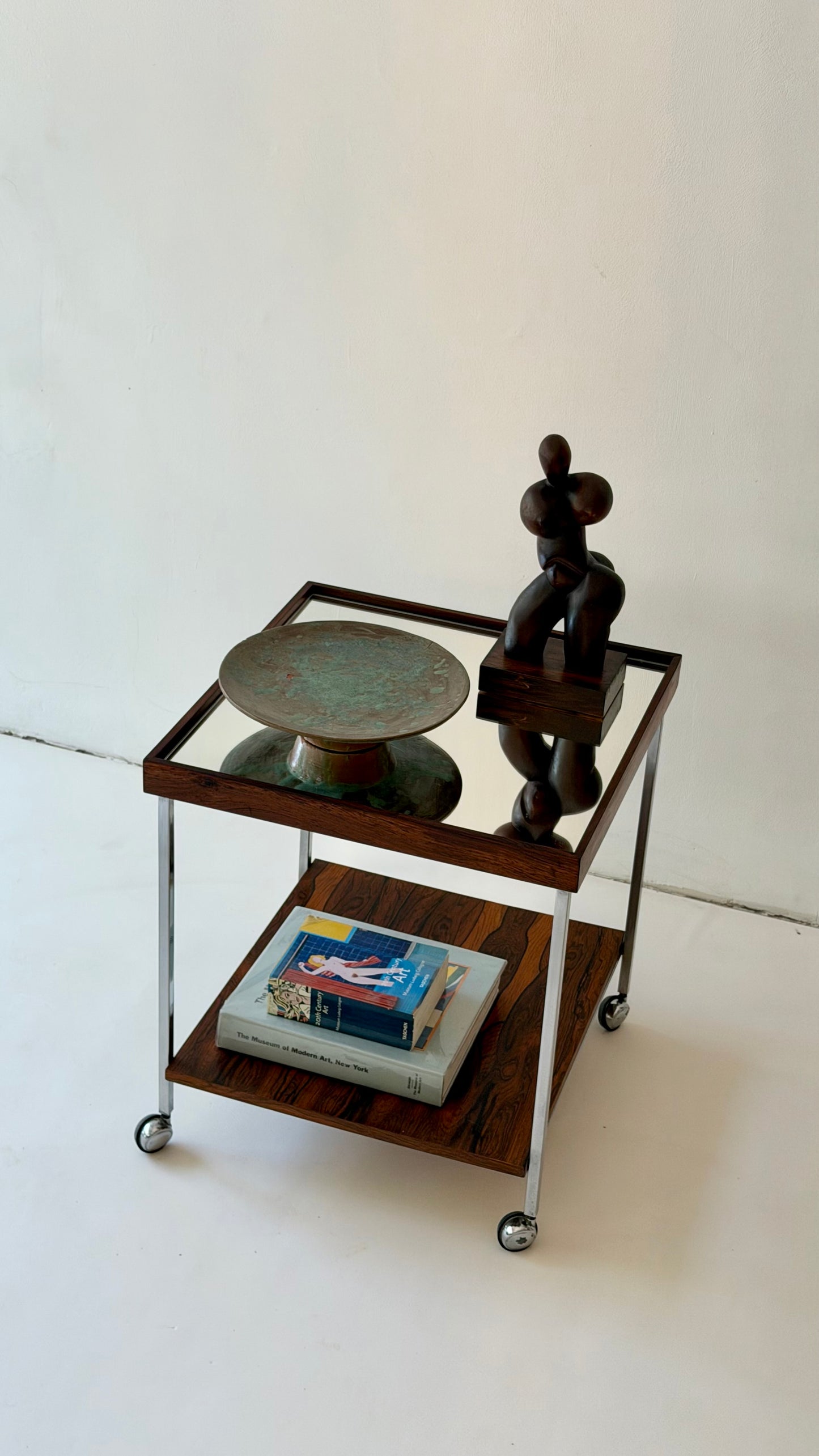 Dutch Rosewood & Chrome Bar Cart / Side Table with Mirrored Top, 1960s