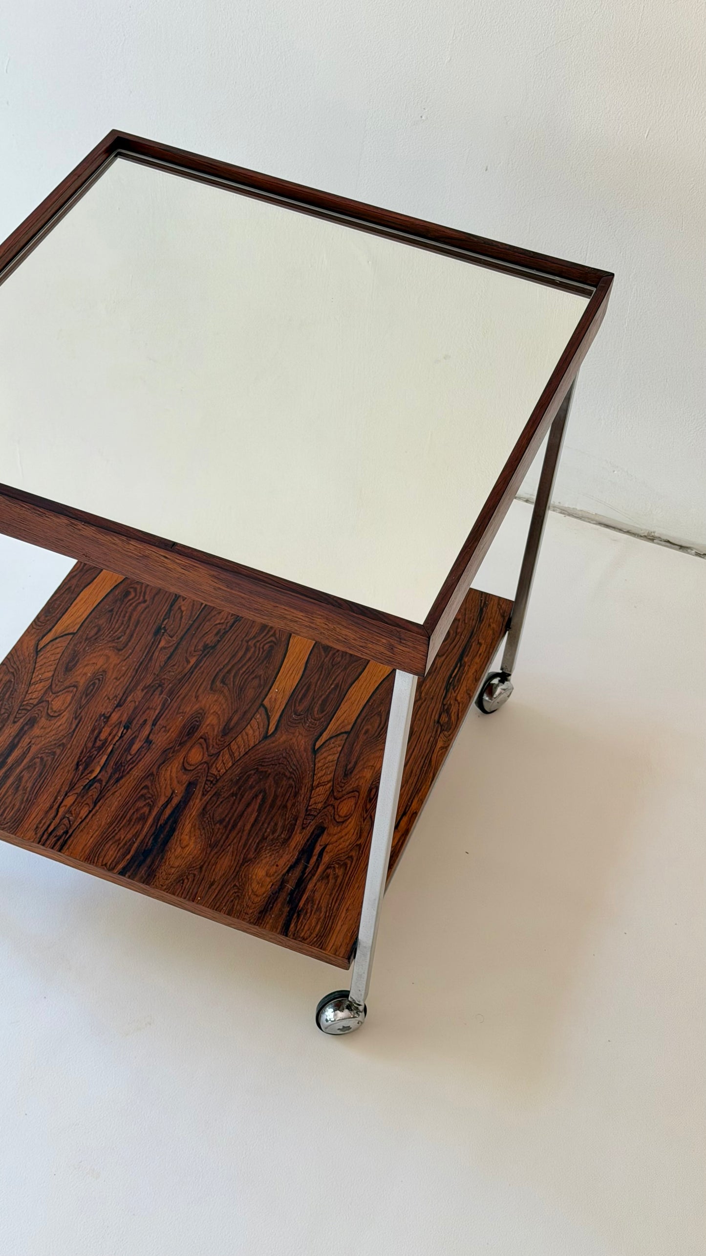 Dutch Rosewood & Chrome Bar Cart / Side Table with Mirrored Top, 1960s