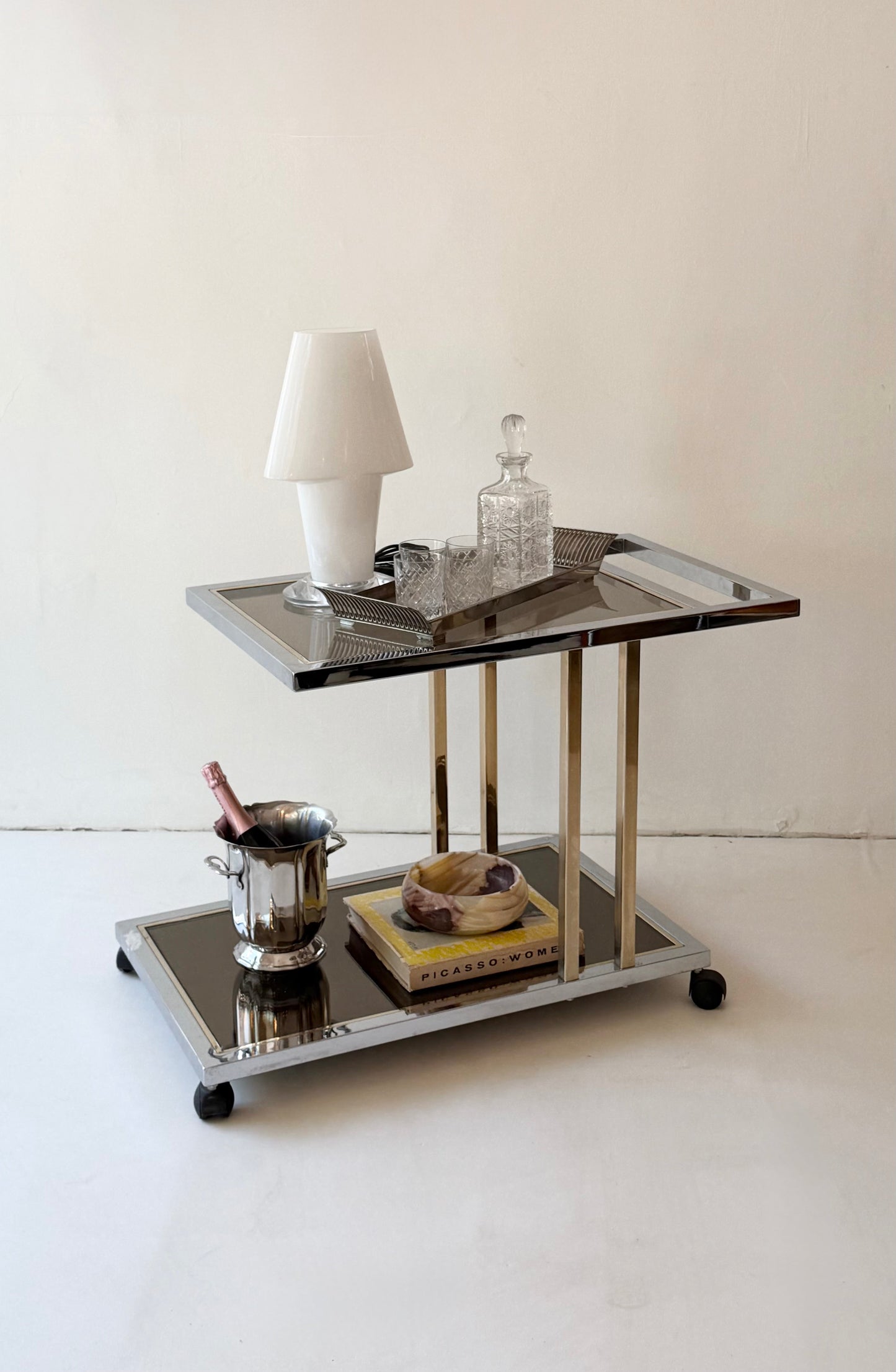Romeo Rega Chrome & Brass Bar Cart, Italy, 1970s