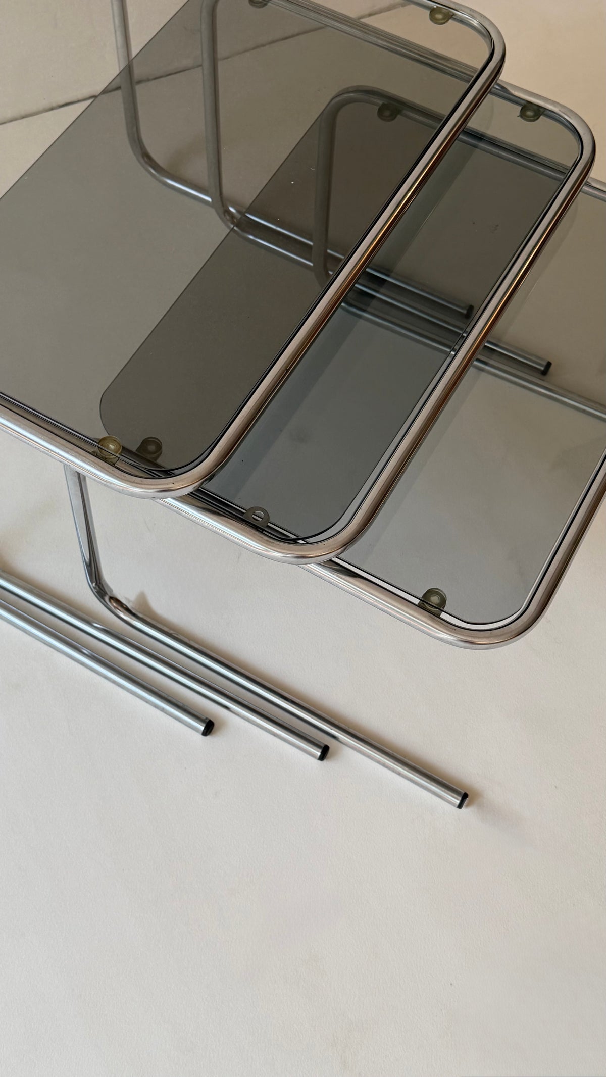 Italian Nesting Tables in Chrome and Smoked Glass, 1970s