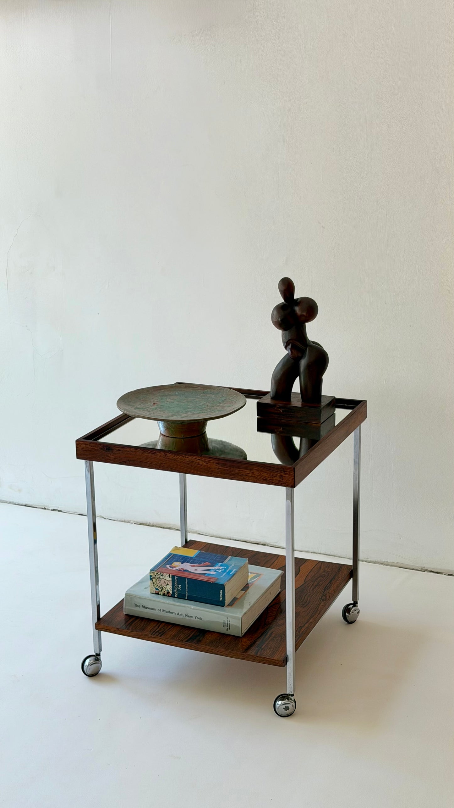 Dutch Rosewood & Chrome Bar Cart / Side Table with Mirrored Top, 1960s