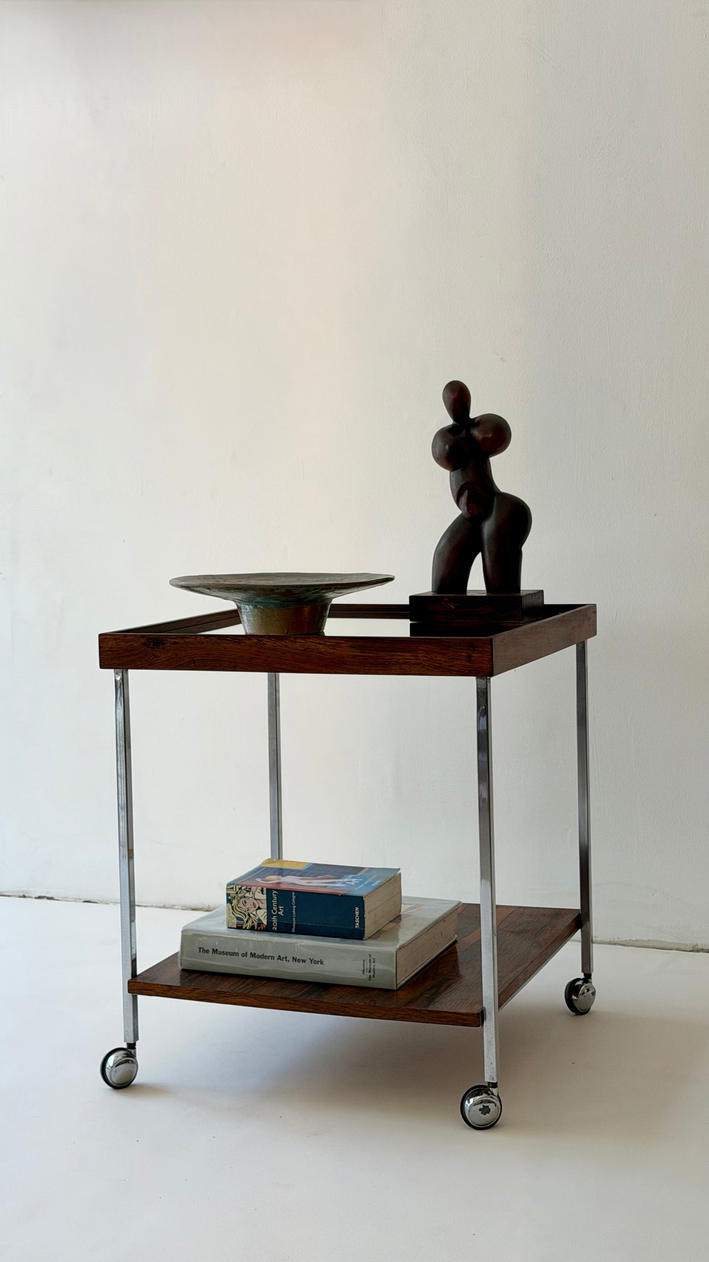 Dutch Rosewood & Chrome Bar Cart / Side Table with Mirrored Top, 1960s