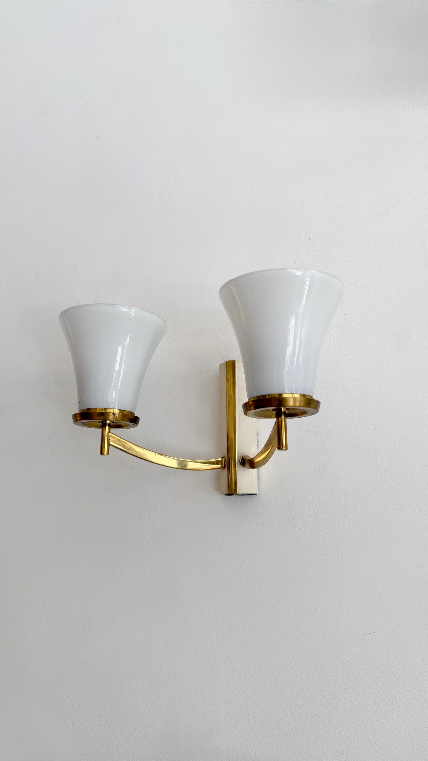 Kaiser Leuchten Double-Arm Brass & Opaline Glass Wall Sconce, Germany, 1960s