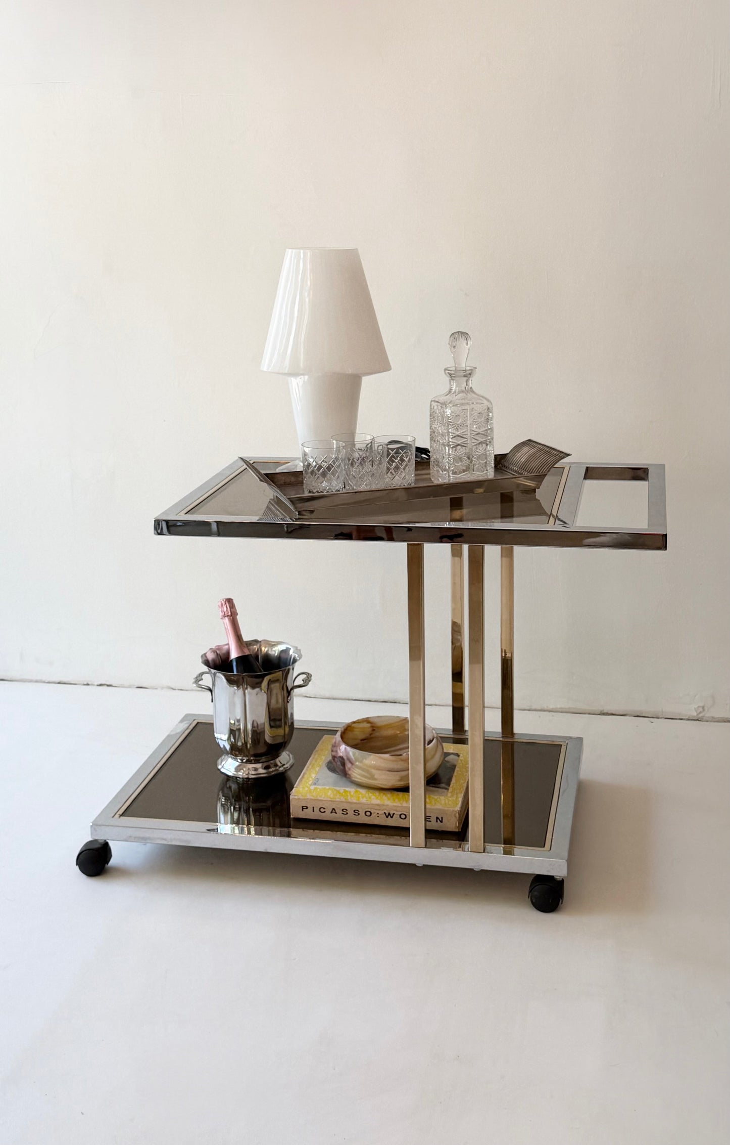 Romeo Rega Chrome & Brass Bar Cart, Italy, 1970s
