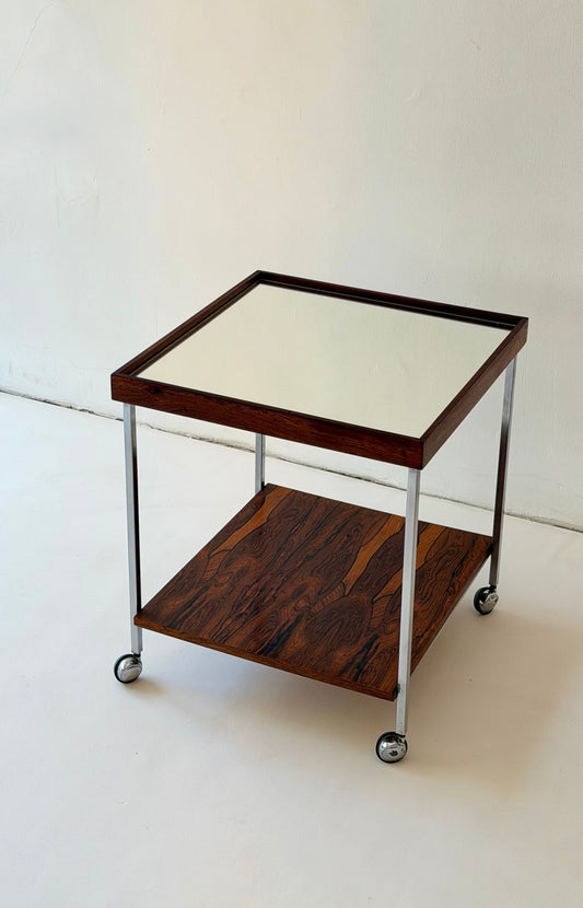 Dutch Rosewood & Chrome Bar Cart / Side Table with Mirrored Top, 1960s - On Hold -
