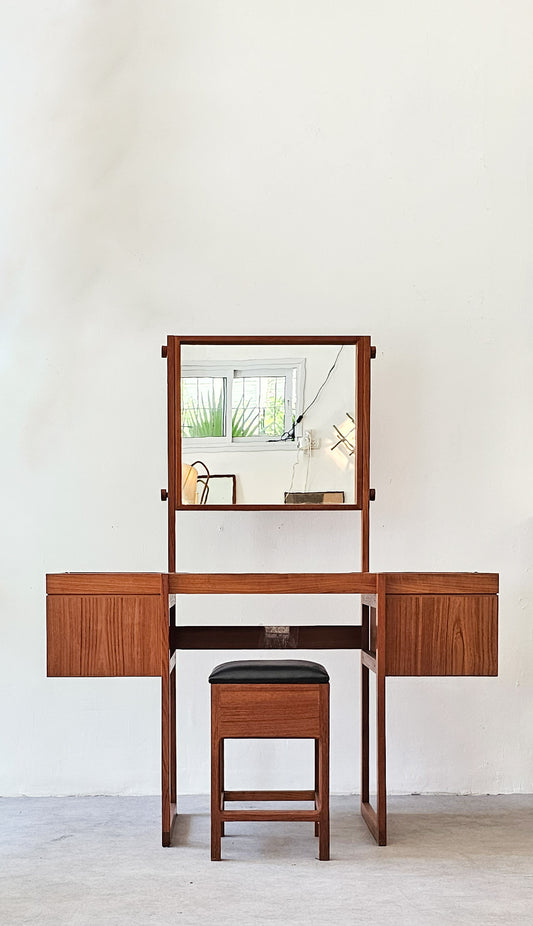 Mid-Century Oak Dressing Table with Vanity Mirror and Stool