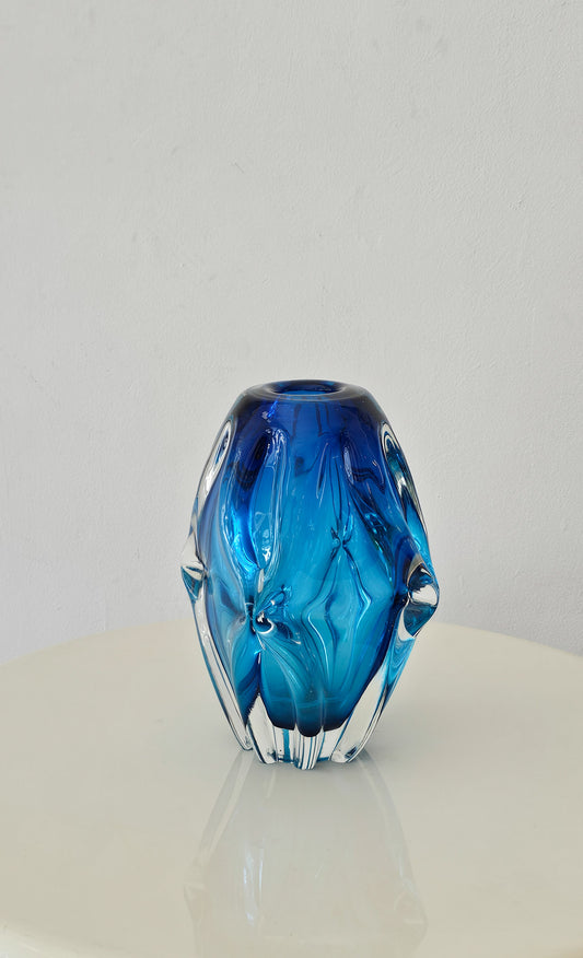 Vintage Sanyu Japanese Art Vase, Cobalt Blue & Clear Sculptured Form