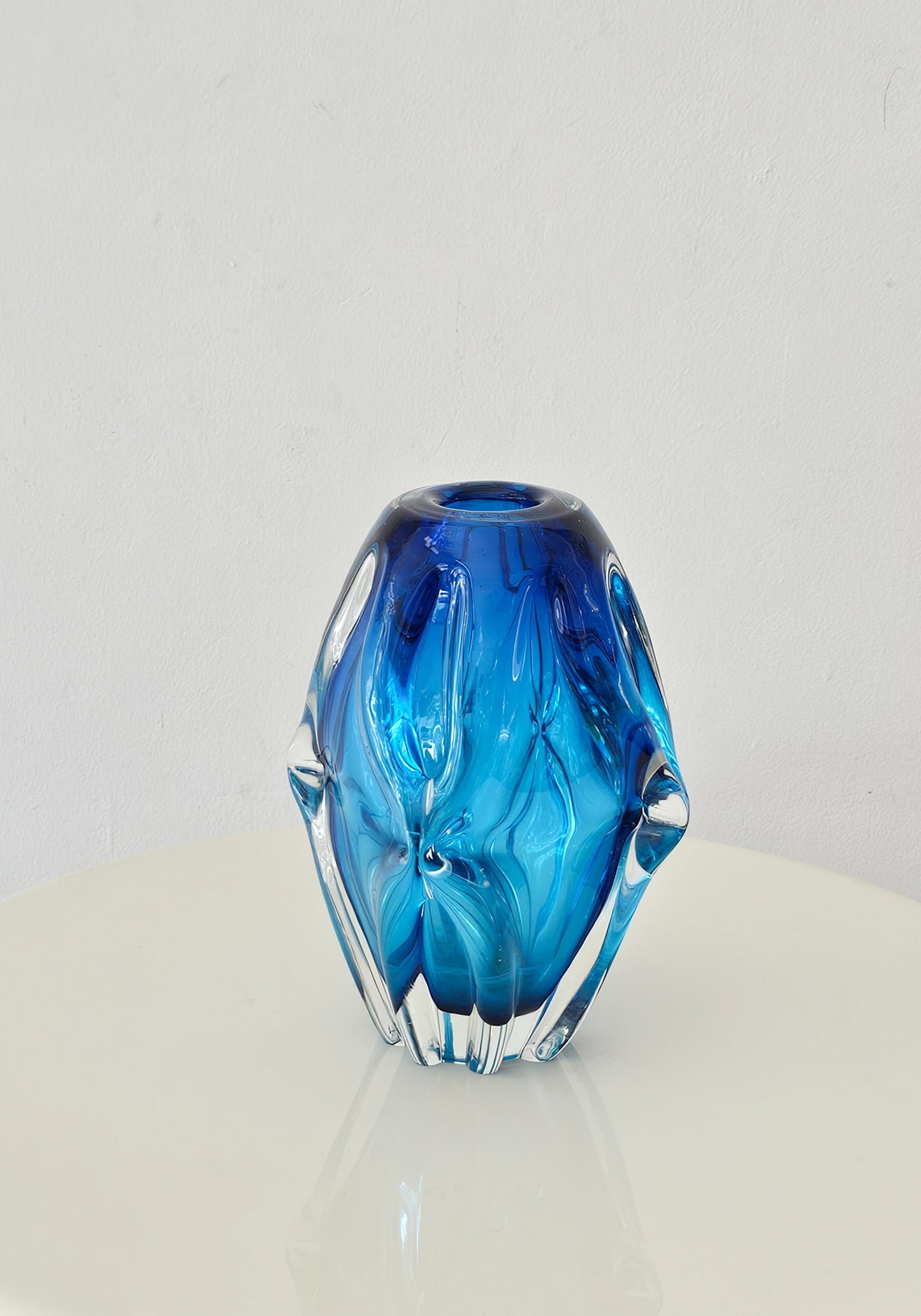 Vintage Sanyu Japanese Art Vase, Cobalt Blue & Clear Sculptured Form