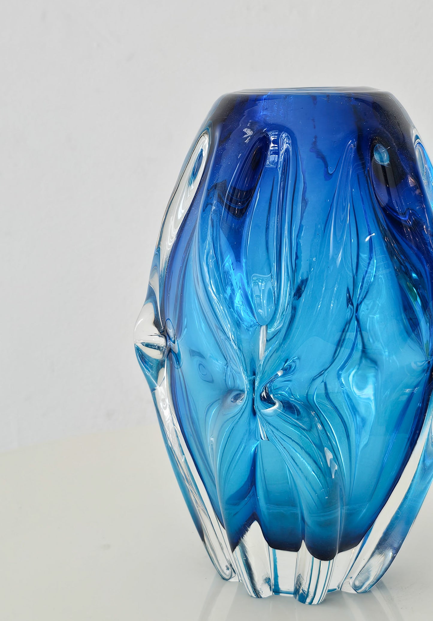 Vintage Sanyu Japanese Art Vase, Cobalt Blue & Clear Sculptured Form