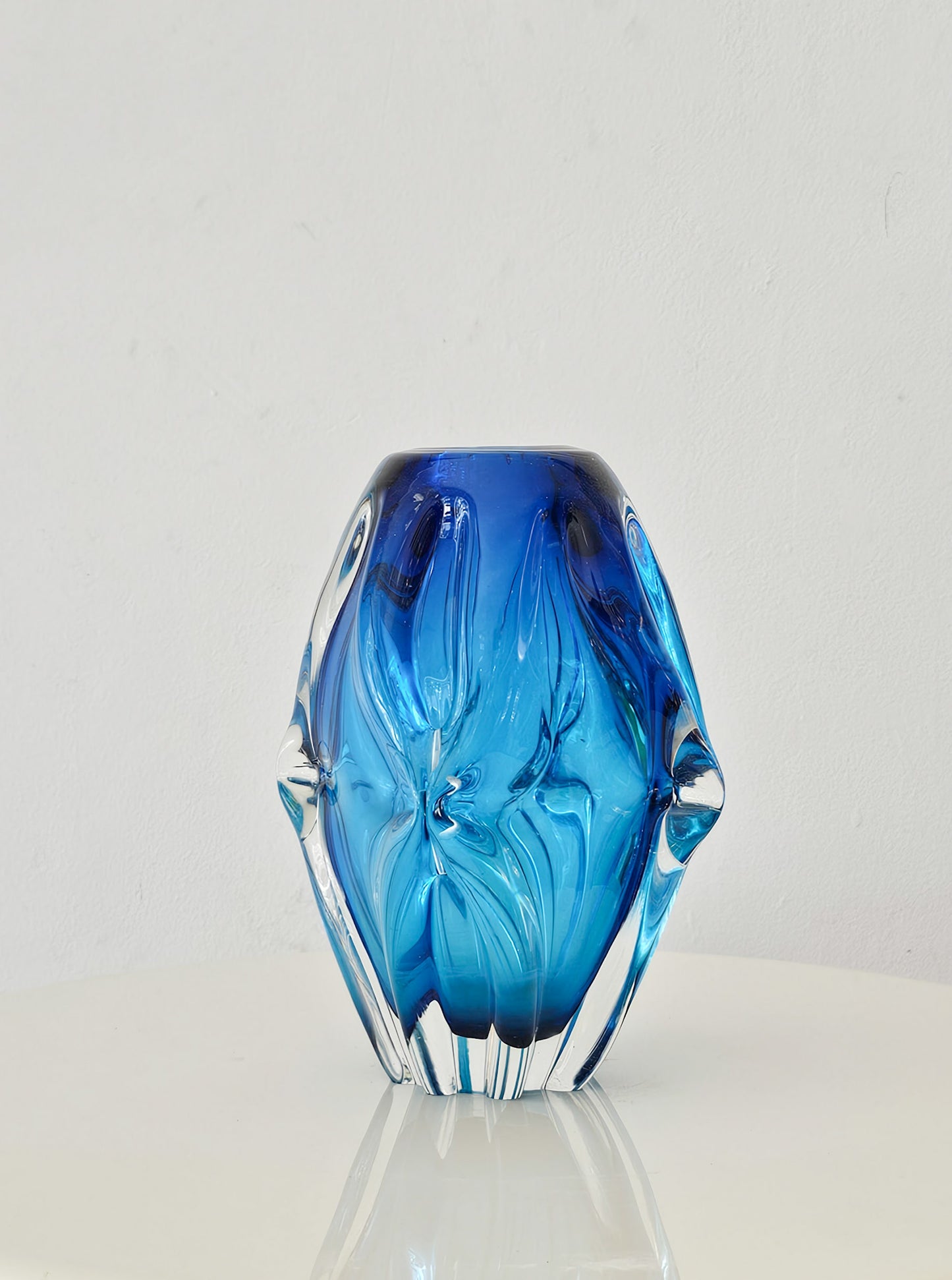 Vintage Sanyu Japanese Art Vase, Cobalt Blue & Clear Sculptured Form