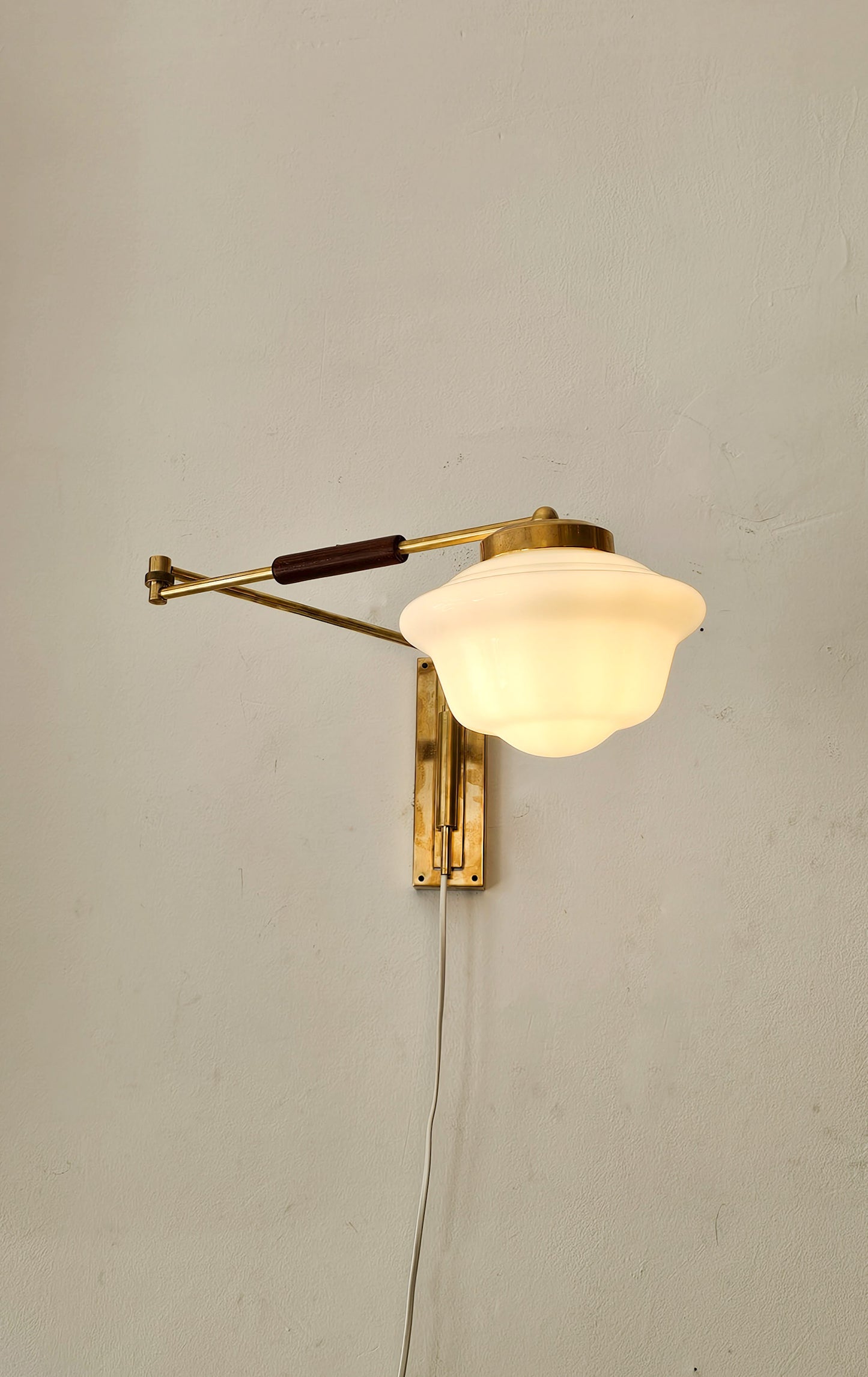 Mid-Century Brass & Teak Swing Arm Wall Lamp