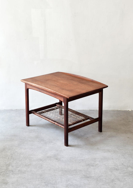 Mid-Century Danish Teak & Rattan Side Table, 1960s