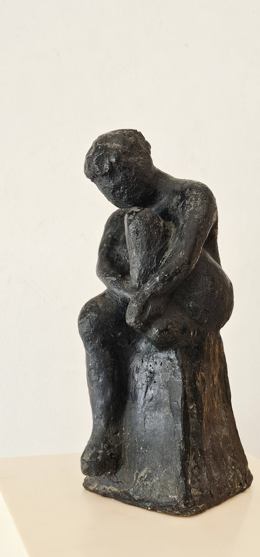 Black Clay Figure Sculpture, Mid-20th Century